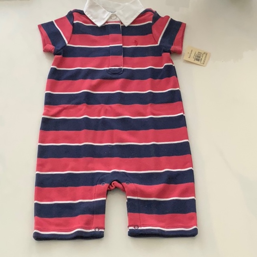 Ralph Lauren Red and Navy Striped Baby Romper